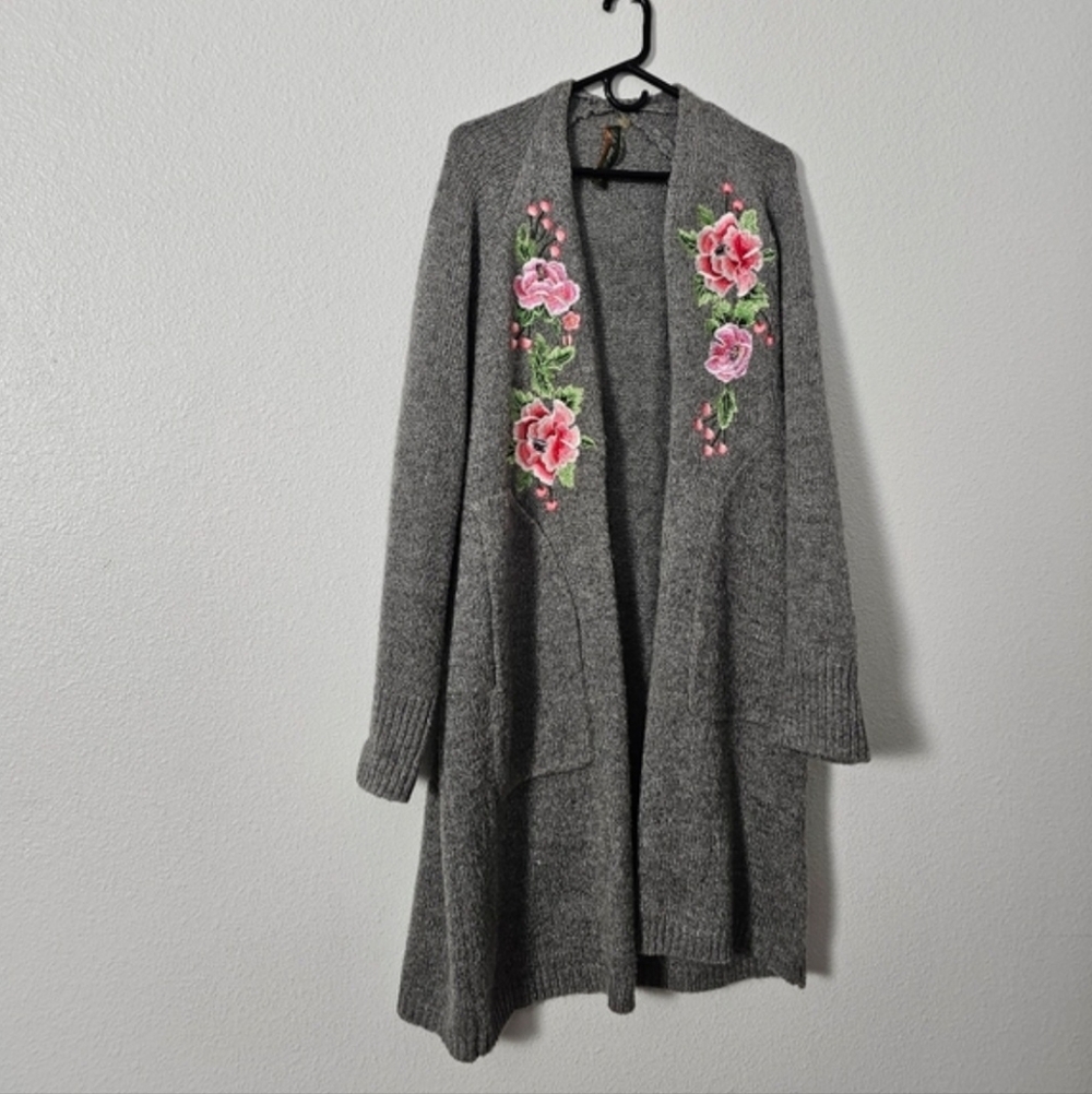 Gray Open-Front Cardigan Sweater with Pink Floral Embroidery